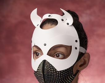 Wit leren duivelsmasker: BDSM-duivelkostuum, maskerademasker
