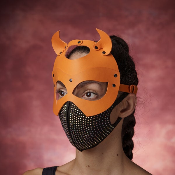 Orange Devil Mask, Genuine Leather Devil Mask, BDSM leather devil mask, BDSM Orange mask, sexy imp mask, masquerade imp mask, Bright mask