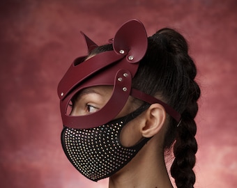 Bordeauxrood kattenmasker van kunstleer: BDSM-masker met maskerade
