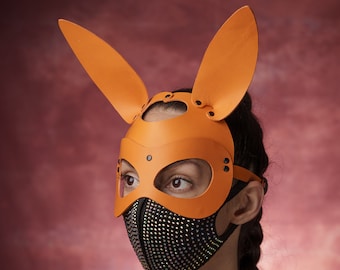 Oranje konijnenmasker, konijnenmasker, grappig konijnenmasker, echt leer konijnenmasker, BDSM fetisj konijnenmasker, sexy leren masker, erotisch masker