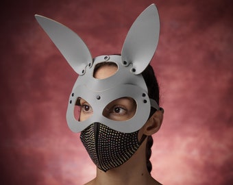 Grijs Konijn masker, Bunny masker, grappig konijn masker, Echt leren konijn masker, BDSM fetisj konijn masker, sexy lederen masker, Grijs BDSM masker