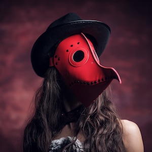 Red Faux Leather Plague Doctor Mask: Steampunk Festival Costume