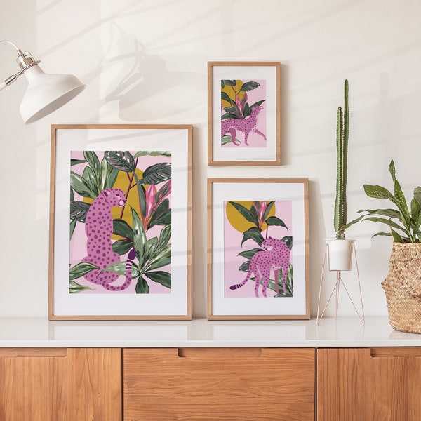 Set of 3 Cheetah Botanical Sun Prints | Unframed A6 A5 A4 A3 A2 A1 Art | Curated Gallery Wall Tropical Forest Wall Decor Poster Leopard
