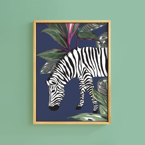 Botanical Zebra Tropical Navy Midnight Print | Unframed A6 A5 A4 A3 A2 A1 Art | Gallery Wall Frame Retro Vintage Pink Animal Graphic Decor
