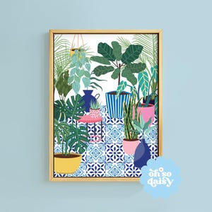 Greek Tile Botanical House Plants Art Print, Mediterranean Eclectic Wall Art, Blue Poster