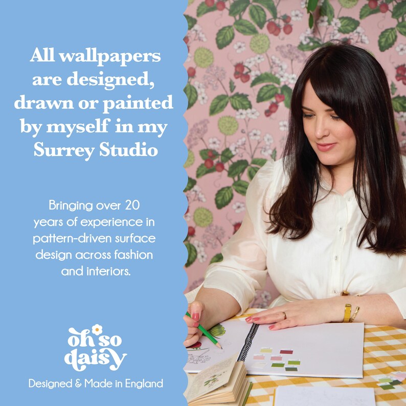 The image is a collage featuring a woman sitting at a table, drawing or painting a pattern-driven surface design. The background has a floral pattern, and the woman is wearing a white blouse. The text on the image reads "All wallpapers are designed, drawn or painted by myself in my Surrey Studio" and "Bringing over 20 years of experience in pattern-driven surface design across fashion and interiors."