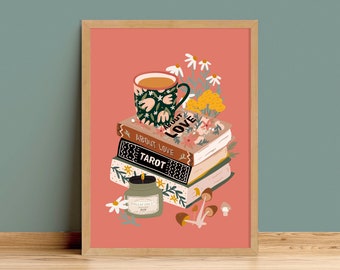Cosy Evenings Autumn Books Tea Candle Art Print | Unframed A6 A5 A4 A3 A2 A1 | Retro Sage Gallery Wall Bold Fun Botanical Kitchen Fruit