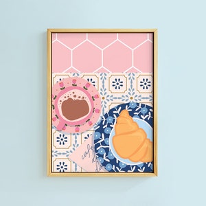 Cafe De Daisy Coffee Croissant Breakfast Art Print | Unframed A6 A5 A4 A3 A2 A1 | Kitchen Daisy Pink Cute Retro Kitsch Food Ellen Blog Bold