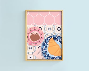 Cafe De Daisy Coffee Croissant Breakfast Art Print | Unframed A6 A5 A4 A3 A2 A1 | Kitchen Daisy Pink Cute Retro Kitsch Food Ellen Blog Bold