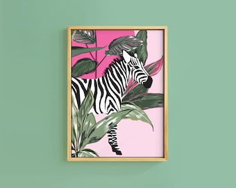 Botanisches Zebra Tropical Pink Midnight Sun Print | Ungerahmt A6 A5 A4 A3 A2 A1 Kunst | Galerie Wand Rahmen Retro Vintage Tier Grafik Dekor