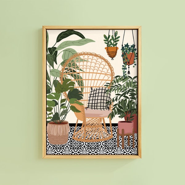 La chambre de jardin paon chaise plante botanique Geo tuile Art Print | Non encadré A6 A5 A4 A3 A2 | Osier macramé Boho naturel Decor Cottage Core