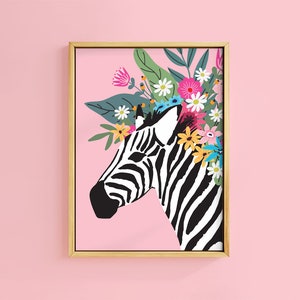 Floral Crown Botanical Zebra Tropical Print | Unframed A6 A5 A4 A3 A2 A1 Art | Gallery Wall Frame Retro Vintage Pink Animal Graphic Decor