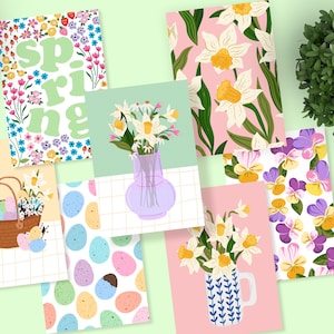 Lot de 7 impressions d'art florales botaniques pour panier de Pâques printanier | postale d'art A6 sans cadre | Pack d'enveloppes pour cartes postales de Pâques mignonnes Meadow