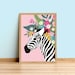 Floral Crown Botanical Zebra Tropical Print | Unframed A6 A5 A4 A3 A2 A1 Art | Gallery Wall Frame Retro Vintage Pink Animal Graphic Decor 