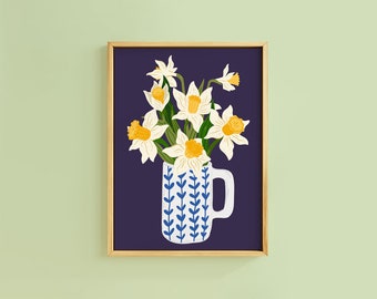 Daffodil Bunch on Navy Painted Jug Spring Art Print | Unframed A6 A5 A4 A3 A2 A1 | Cottage Core Bright Floral Bold Kitchen Decor Narcissus