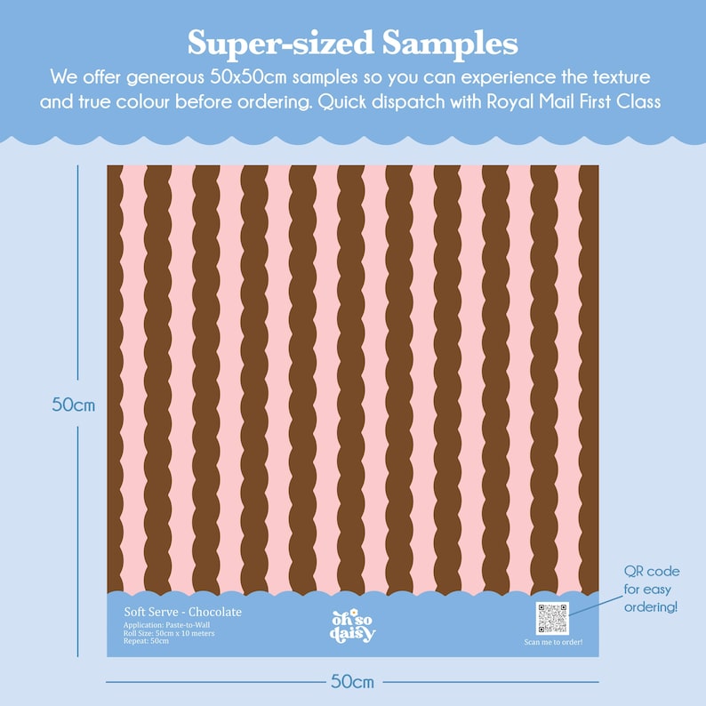 The image is a super-sized sample of a chocolate-flavored soft serve, with a 50x50 cm (or 50x10 cm) pattern. The sample is offered for quick and easy ordering through the Royal Mail First Class service.