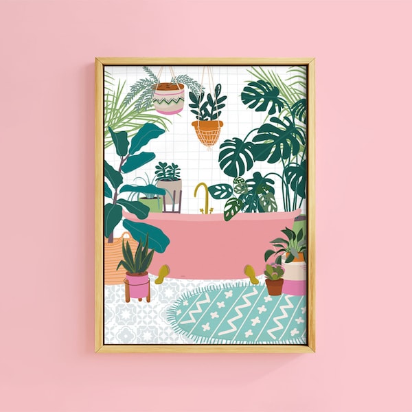 Botanical Bath Geo Tile House Plants Art Print | Unframed A6 A5 A4 A3 A2 A1 | Hanging Macrame Eclectic Gallery Wall Monstera Decor Bathroom