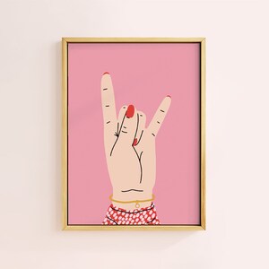 Impresión colorida y brillante con gesto de mano en rosa y rojo, sin marco, tamaño A6, A5, A4, A3, A2 y A1, decoración interior con estilo dálmata, rosa y rojo.