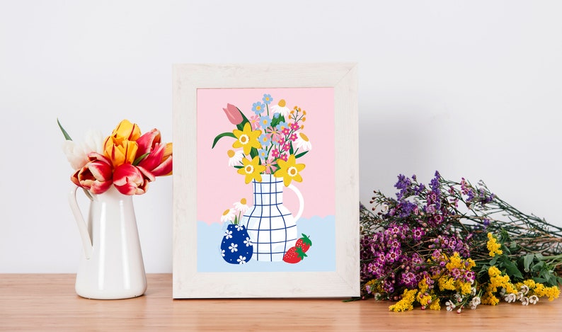 Spring Bloom Set of 6 Botanical Floral Mini Prints A6 Art Postcard Easter Strawberry Meadow Daisy Notelets Card Tea Vases Bunch Pack image 3