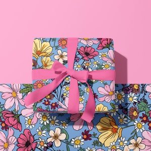 Papier cadeau bleu poudré fleurs sauvages Wildflower | A2 42 x 59,4 cm | Papier cadeau couleur Retro Meadow | Anniversaire Mariage Fête des Mères