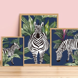Set of 3 Zebra Botanical Navy Prints Unframed A6 A5 A4 A3 A2 A1 Art Curated Gallery Wall Frame Decor Forest Sage Vintage Maximalism image 1