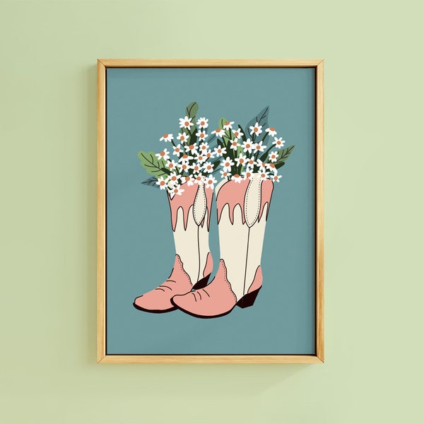 Teal Daisy Bunch Cowboy Boot Flowers Art Print | Unframed A6 A5 A4 A3 A2 A1 | Cottagecore Vintage Howdy Boho Decor Girl Colourful Botanical