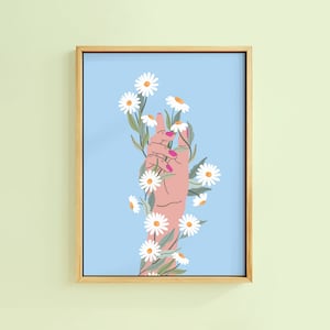 Wrapped in Daisies Blue Sky Floral Hand Art Print | Unframed A6 A5 A4 A3 A2 A1| Daisy Vintage Floral Boho Decor Eclectic Colourful Botanical