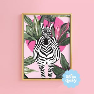 Impresión botánica de cebra tropical africana con sol, sin marco, tamaño A6, A5, A4, A3, A2, A1, arte de galería, marco de pared, decoración gráfica retro vintage rosa con animales.