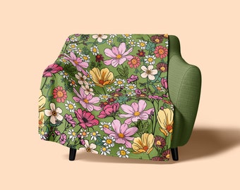 Couverture en polaire Green Forest, fleurs sauvages, fleurs des prés | Grande couverture de pique-nique 150 x 150 cm | Jeté de plage douillet à motif floral de dopamine Cottagecore