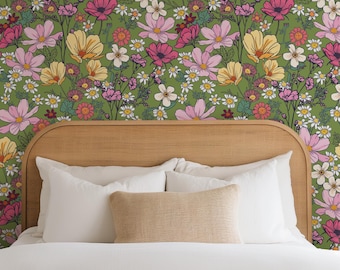 She's A Wildflower Wallpaper Forest Green Floral by Oh So Daisy | Paste to wall 50cm x 10meters Roll | Cottagecore Kitchen Cosy Vintage Farm
