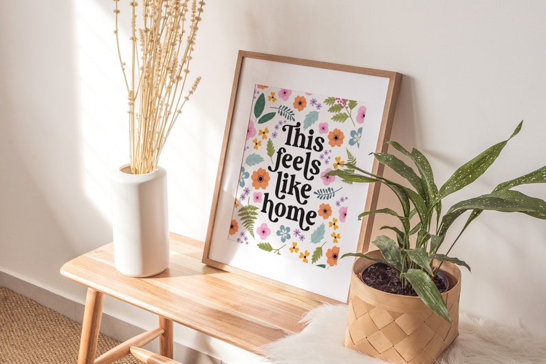 Feels Like Home Pressed Flower Botanical Text Quote Colourful Wall Art Print Unframed A6 A5 A4 A3 A2 A1 Gallery Positive Cottage core image 3