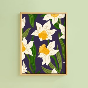 Daffodil Stems on Navy Spring Art Print | Unframed A6 A5 A4 A3 A2 A1 | Daisy Cottage Core Floral Bold Kitchen Decor Narcissus