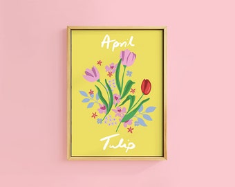 April Zodiac Birth Flower Tulip Floral Art Print | Unframed A6 A5 A4 A3 A2 A1 | Gift Home Decor Horroscope Botanical Decor Boho