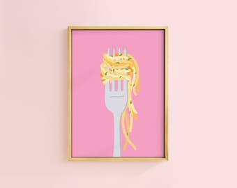 Spaghetti Time Fork Food Pasta Art Print | Unframed A6 A5 A4 A3 A2 A1 | Retro Kitchen Fruit Food Italian Cafe Egg Graphic Gallery