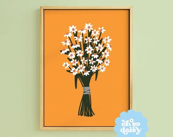 Daisy Bunch Art Print Colourful Floral Flower | Unframed A6 A5 A4 A3 A2 A1 | Retro Ochre Mustard Kitchen Office Botanical Decor Boho