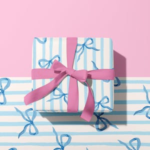 Blue Bow Gift Wrap Sheet: Coquette Ribbon Stripe Recycled Paper (A2 42x59.4cm)