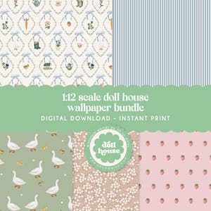 Può includere: Un set digitale di carta da parati per casa delle bambole in scala 1:12 con cinque motivi: sfondo crema con fiocchi blu e motivi da giardino, strisce verticali blu e bianche, verde salvia con oche bianche, stampa floreale marrone e fragole rosa.