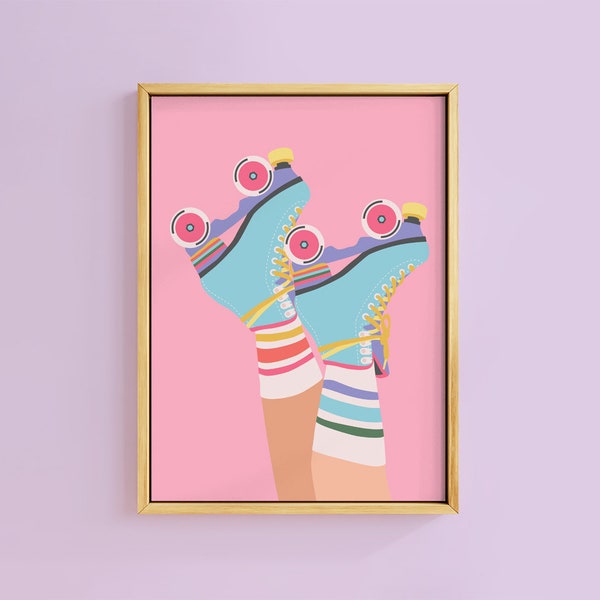 Rainbow Socks Quad Roller Skates  Art Print | Unframed A6 A5 A4 A3 A2 A1 | Retro Brightcore Bold Gallery Skates Roller Boots Fun