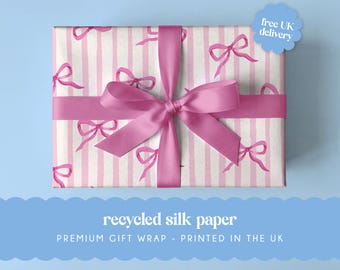 Pink Bow Gift Wrap Sheet | A2 sheets - 42 x 59.4 cm | Recycled Silk Paper | Wrapping Paper for Birthdays, Weddings, New Baby