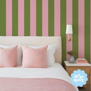 Sage Green Stripe Wallpaper - Pink Accent - Paste to Wall 10m Roll