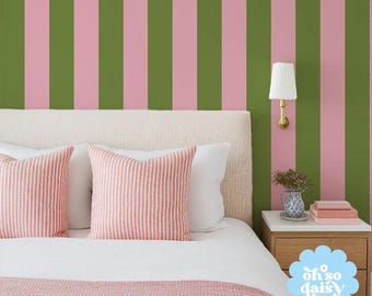 Sage Green Stripe Wallpaper - Pink Accent - Paste to Wall 10m Roll