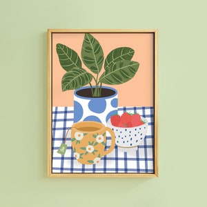 Tee & Erdbeeren Frühstück Tischbild Küche Kunstdruck | Ungerahmt A6 A5 A4 A3 A2 A1 | Galerie Wand Teetasse Retro Essen Dekor Griechisch Porzellan