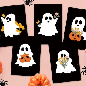 Spooky Cute Meadow Ghosts Set of 5 Halloween Mini Art Prints | Unframed A6 Postcard | Cute Fun Bold Pumpkin Ghosts Postcards Boo Bunting