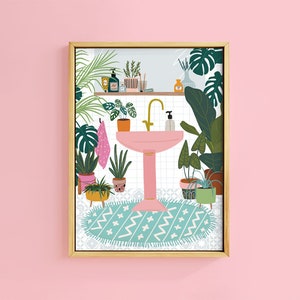 Botanical Sink Bathroom Tile House Plants Art Print | Unframed A6 A5 A4 A3 A2 A1 | Hanging Macrame Eclectic Gallery Illustration Decor Bath