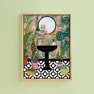 Tropical Botanical Sink Bathroom Tile House Plants Art Print | Unframed A6 A5 A4 A3 A2 A1 | Hanging Macrame Eclectic Gallery Illustration