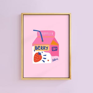 May include: A framed illustration of a pink carton of berry milk with a straw sticking out of the top. The carton has a yellow stripe on the side and the word 