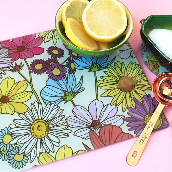Retro Floral Glass Worktop Saver Chopping Board | 20 x 28cm | Kitchen Accessories Cutting Home Decor Gift New Home Serving Plate Placemat
