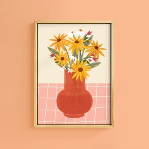 Jarrón de vidrio otoñal con ramo de girasoles, impresión artística floral botánica, sin marco, tamaño A6, A5, A4, A3, A2, A1, decoración de pared de otoño con flores silvestres de margaritas