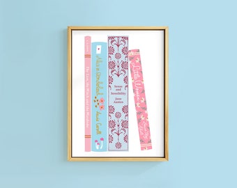 Pretty Book Covers Spines Floral Cottage Core Art Print | Unframed A6 A5 A4 A3 A2 A1 | Alice Wonderland Jane Austen Pride Emma Wall Library