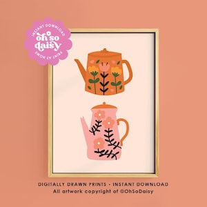 Impresión de teteras florales retro, arte de cocina vintage (descarga digital)